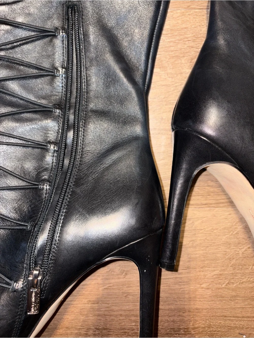 Vince Camuto Black Lace-Up Knee-High Peep-Toe Stiletto Boot (Kendra)